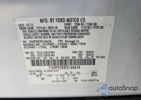 2015 Ford Taurus Sel from USA, damaged, VIN 1FAHP2E83FG166656